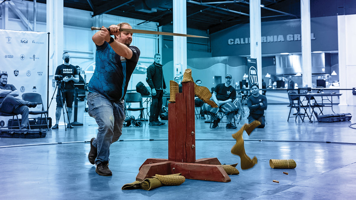 Sean Dickenson of SoCal Swords during an Intense moment from the 2024 Longsword Cutting Tournament Tier A Finals.